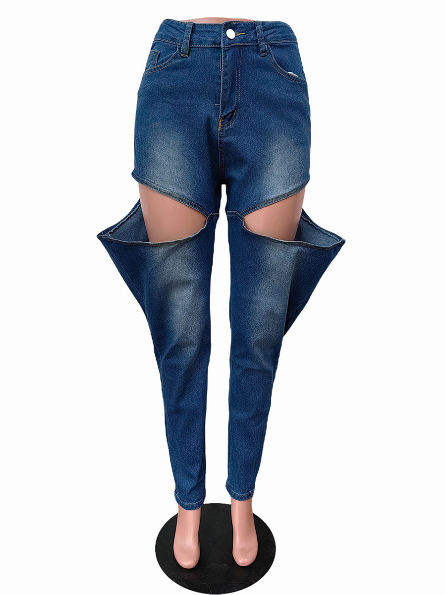 Hole Distressed Elastic Denim Jeans