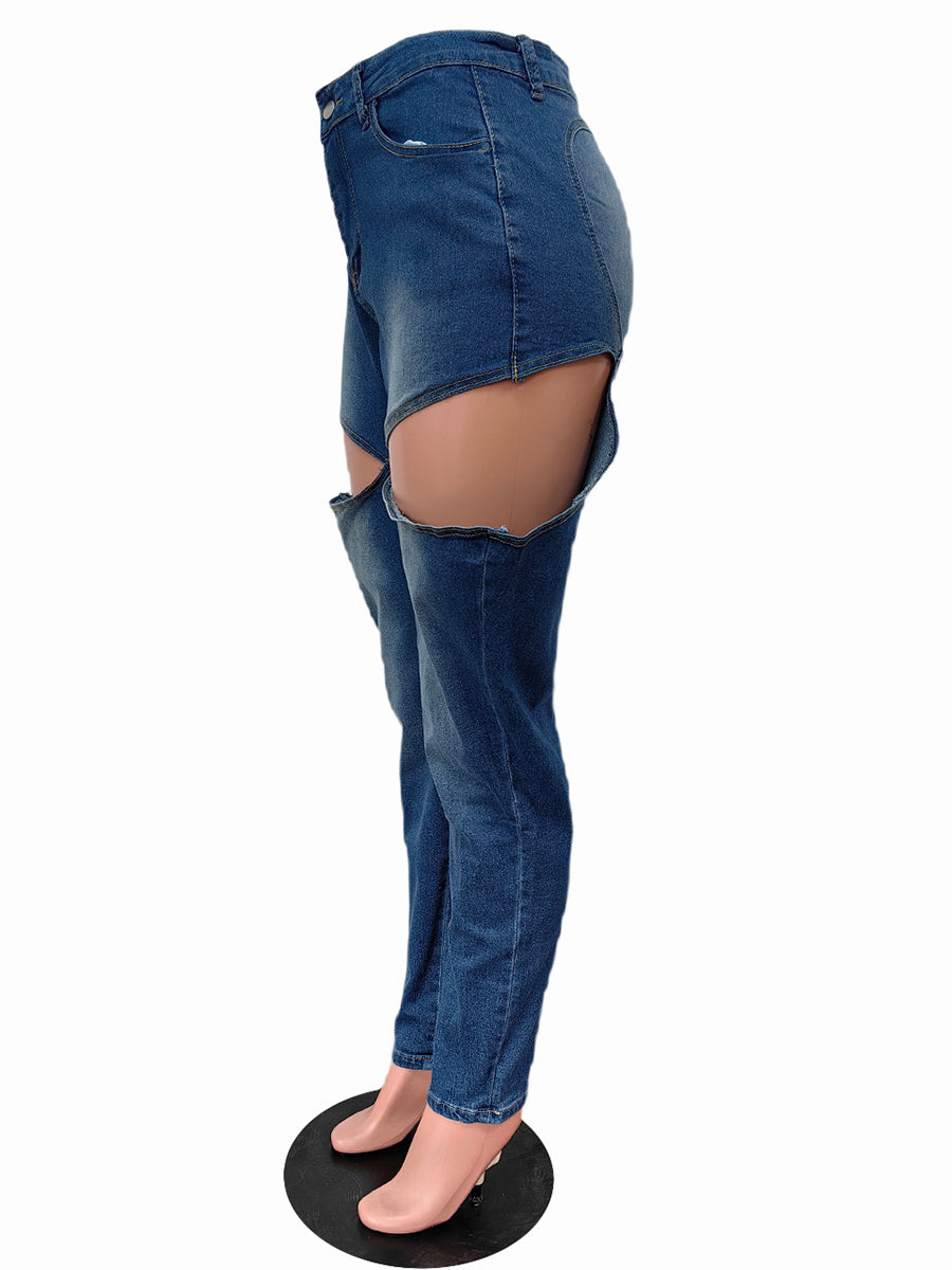 Hole Distressed Elastic Denim Jeans