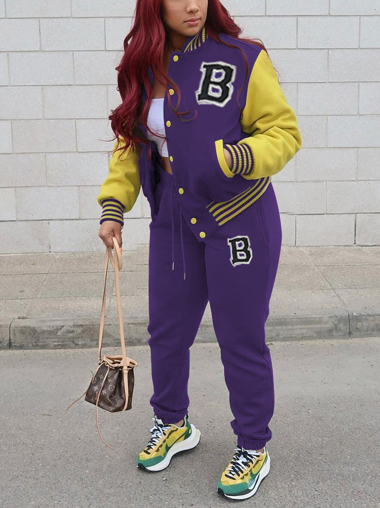 Two-Piece Letter Print Color Block Baseball Set