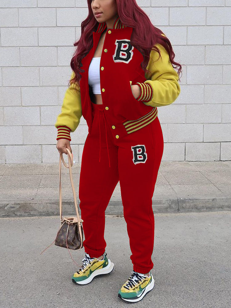 Two-Piece Letter Print Color Block Baseball Set