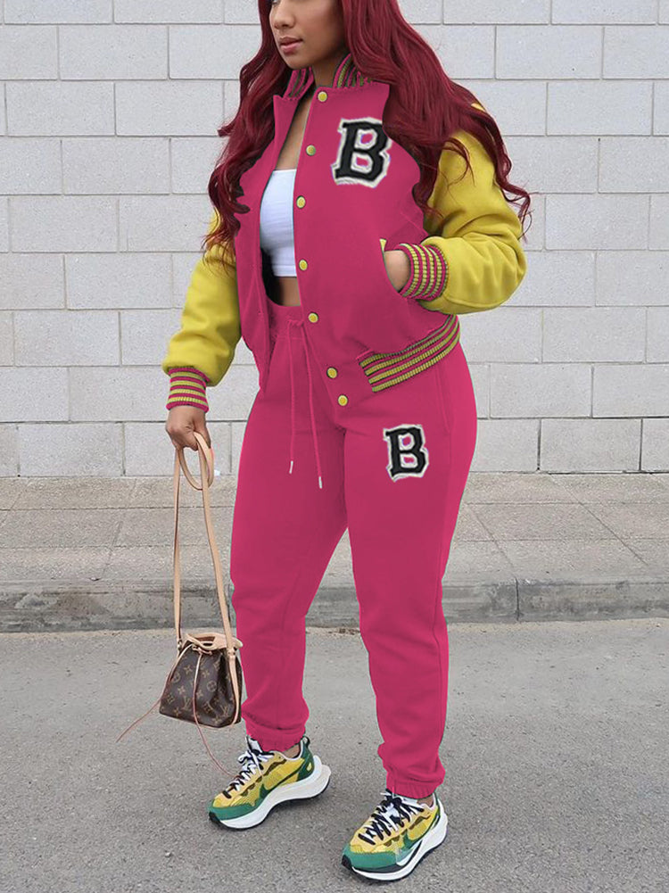 Two-Piece Letter Print Color Block Baseball Set