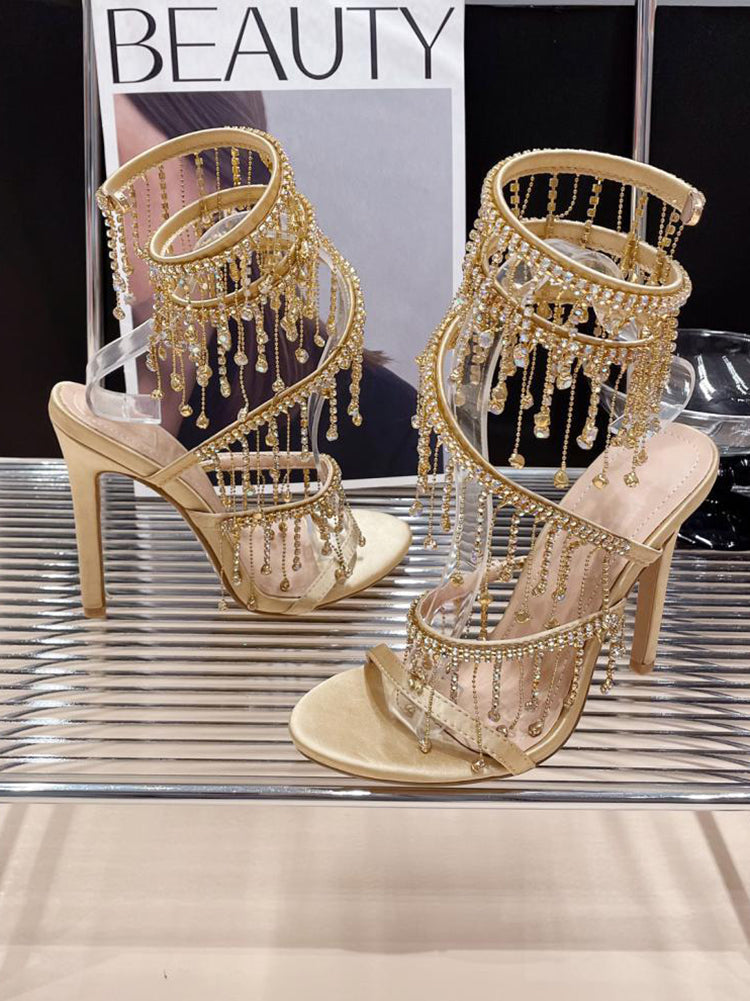Rhinestone Fringe Ankle-Wrap Stiletto Heels