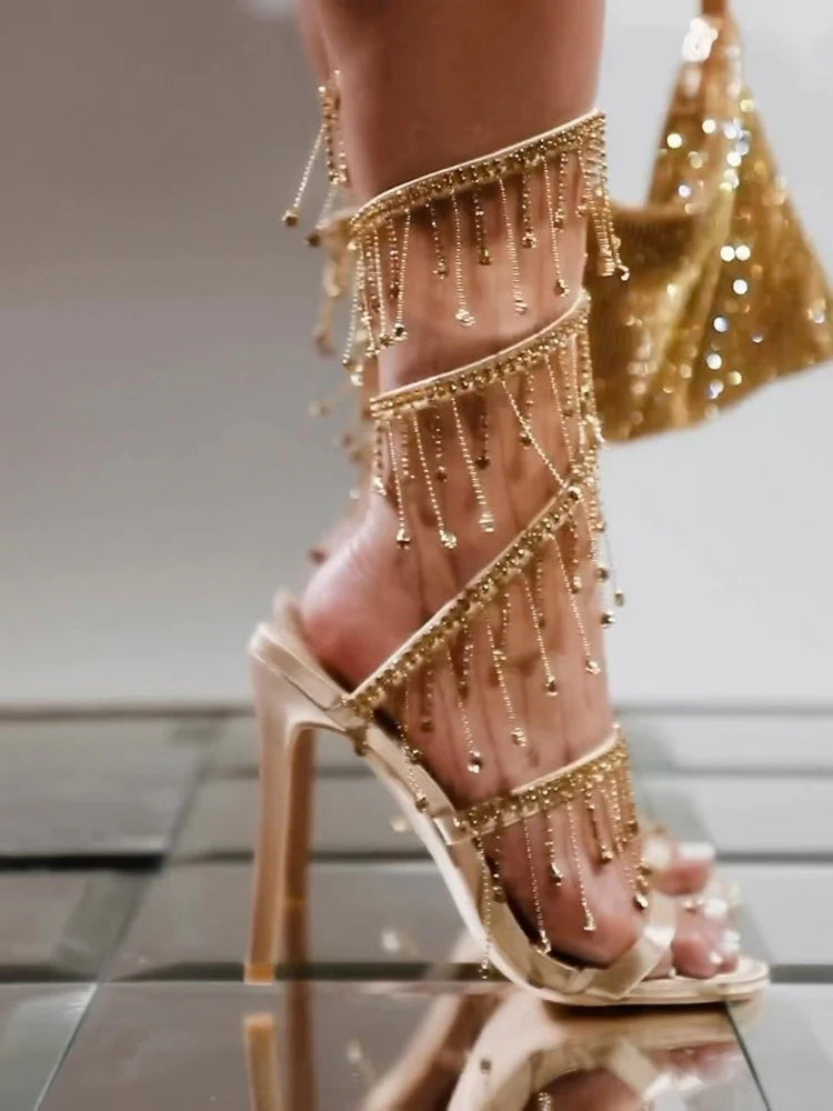 Rhinestone Fringe Ankle-Wrap Stiletto Heels