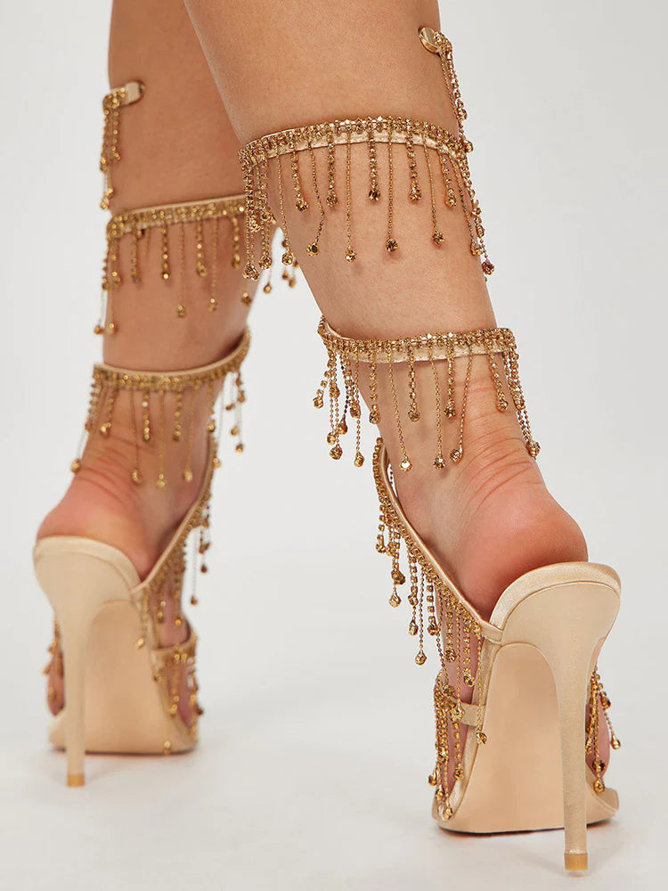 Rhinestone Fringe Ankle-Wrap Stiletto Heels