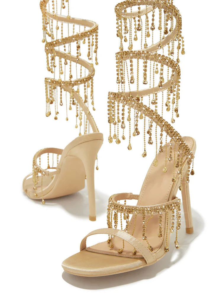 Rhinestone Fringe Ankle-Wrap Stiletto Heels