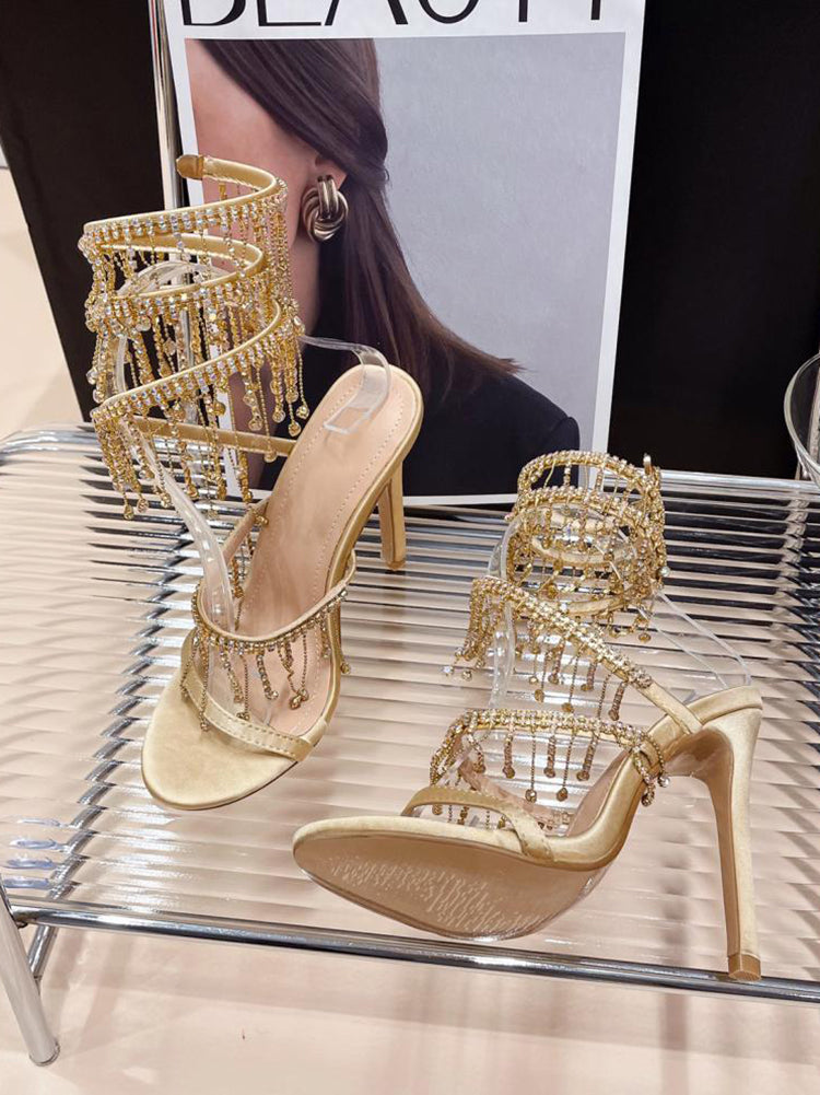Rhinestone Fringe Ankle-Wrap Stiletto Heels