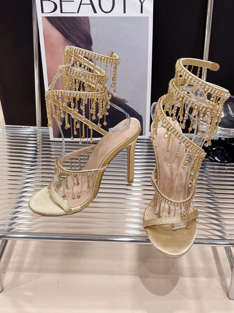 Rhinestone Fringe Ankle-Wrap Stiletto Heels