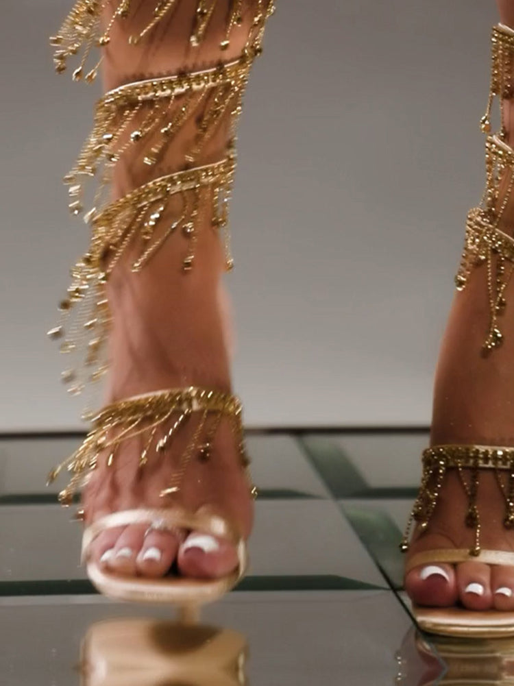 Rhinestone Fringe Ankle-Wrap Stiletto Heels