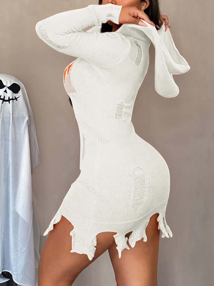 Halloween Pumpkin Ripped Knit Hoodie Dress