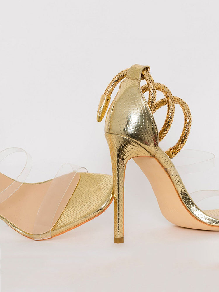 Rhinestone Serpentine Metal Ring High Heel Sandal