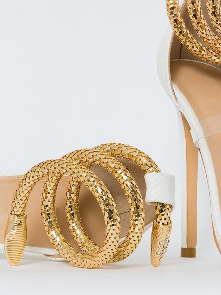 Rhinestone Serpentine Metal Ring High Heel Sandal