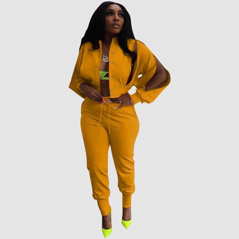 Lapel Hollow Out Top Drawstring Pant set