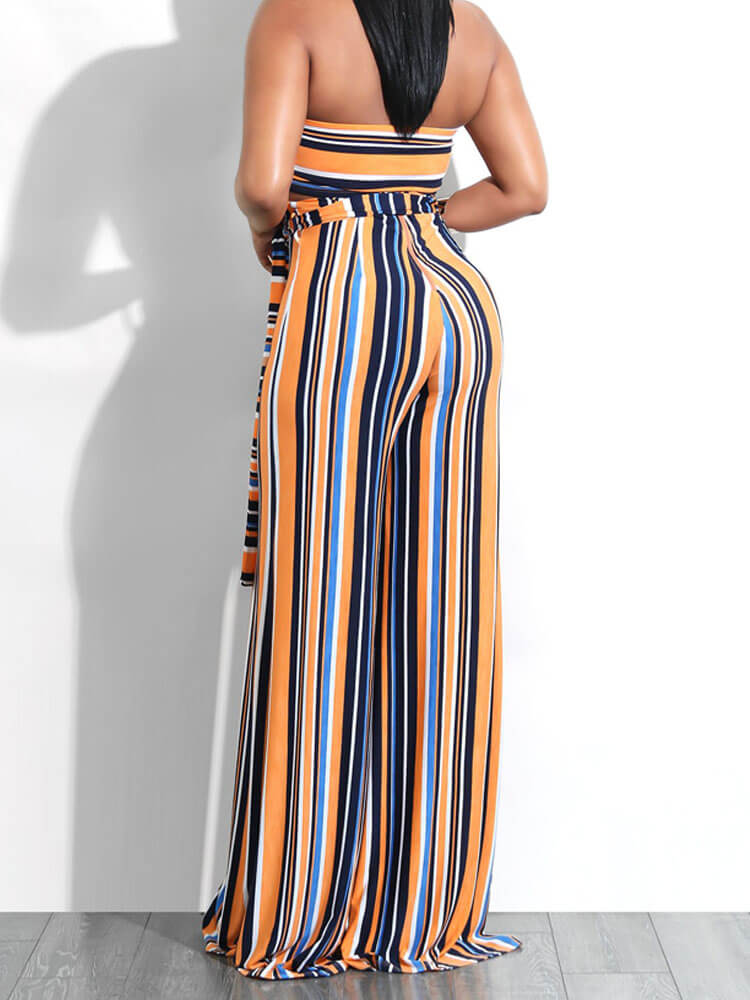 Two Piece Outfits Stripe Bandeau Top Wide Leg Pants Set