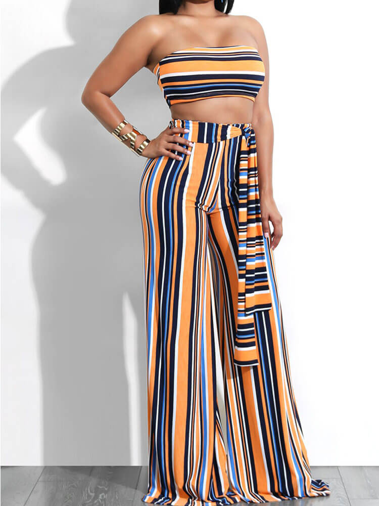 Two Piece Outfits Stripe Bandeau Top Wide Leg Pants Set