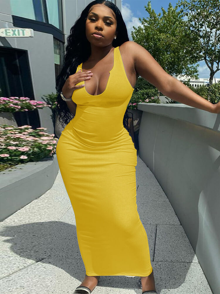 Solid Color Sleeveless Racerback Rib Bodycon Maxi Dress
