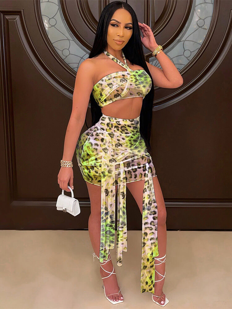2 Piece Sheer Mesh Leopard Halter Tube Top Skirt Set