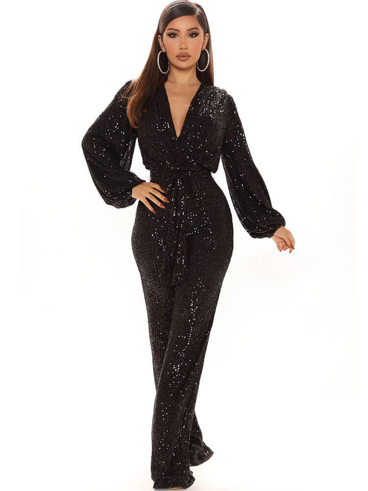 Sequin Long Sleeve V Neck Sparkly Jumpsuit