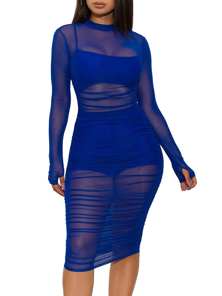 3 Piece Long Sleeve Ruched Sheer Mesh Bodycon Dress