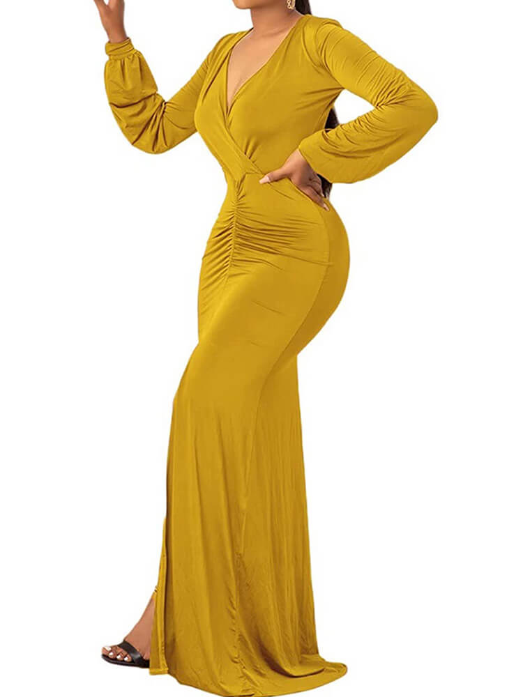 V Neck Long Sleeve Ruched Maxi Dress