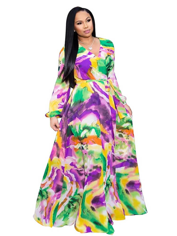 Chiffon Floral Printed V Neck Wrap Boho Maxi Dress