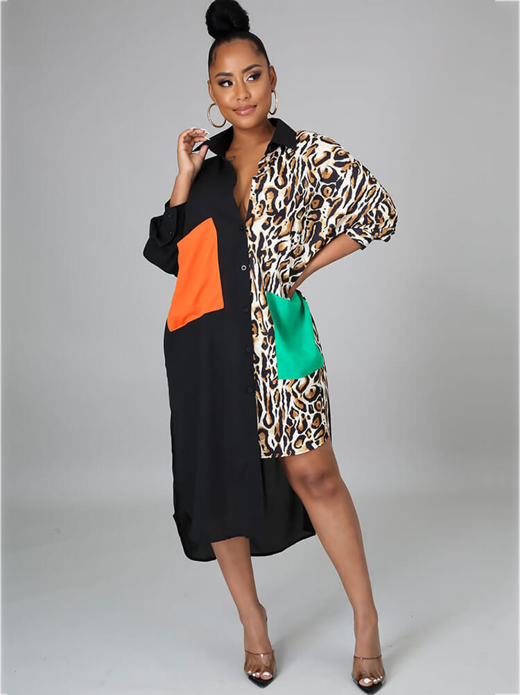Oversize Irregular Leopard Print Patchwork Shirt Dress