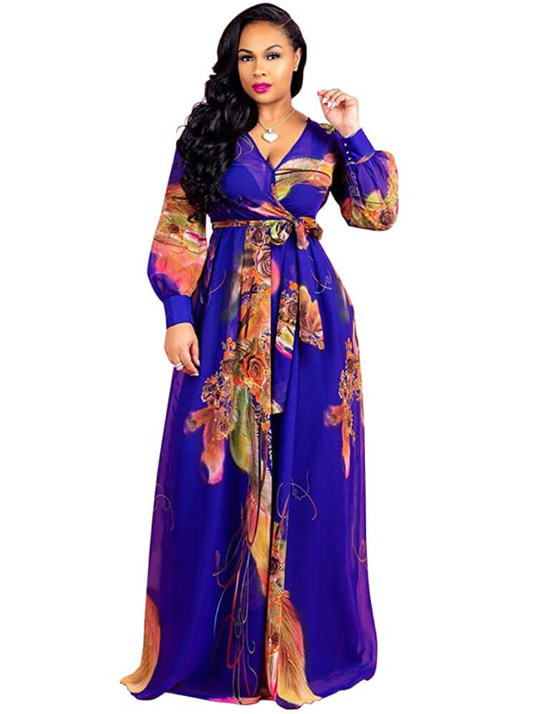 Chiffon Floral Printed V Neck Wrap Boho Maxi Dress