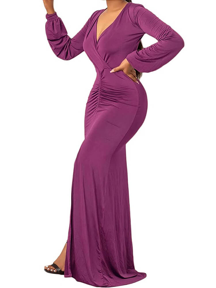 V Neck Long Sleeve Ruched Maxi Dress