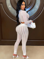 Two Piece Long Sleeve Mesh Crop Top Bodycon Long Pants
