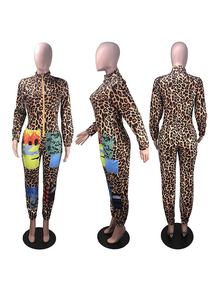 Deep V Neck Camouflage Leopard Print Jumpsuit