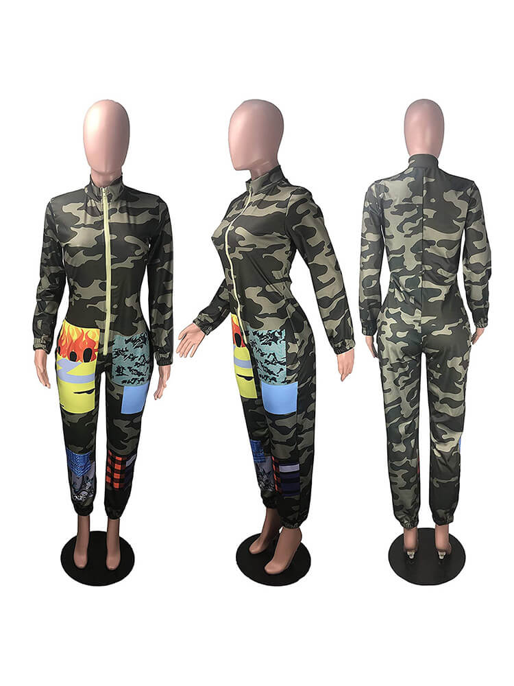 Deep V Neck Camouflage Leopard Print Jumpsuit