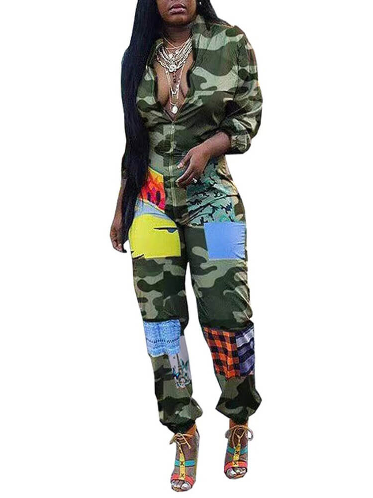 Deep V Neck Camouflage Leopard Print Jumpsuit