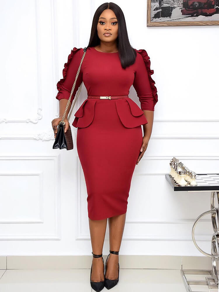 Office Lady Ruffle Long Sleeve Peplum Waist Pencil Dress
