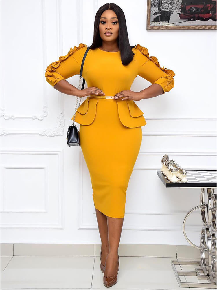 Office Lady Ruffle Long Sleeve Peplum Waist Pencil Dress