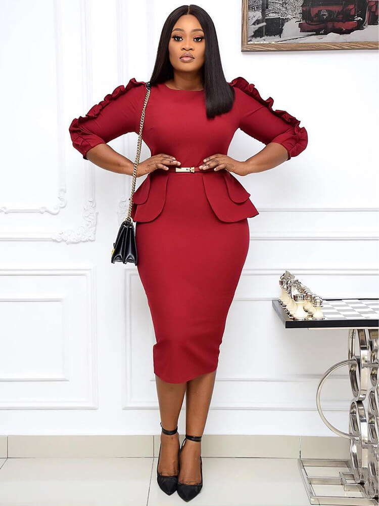 Office Lady Ruffle Long Sleeve Peplum Waist Pencil Dress