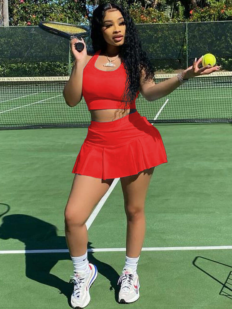 Two Piece Sleeveless Tank Crop Top Pleated Mini Skirt