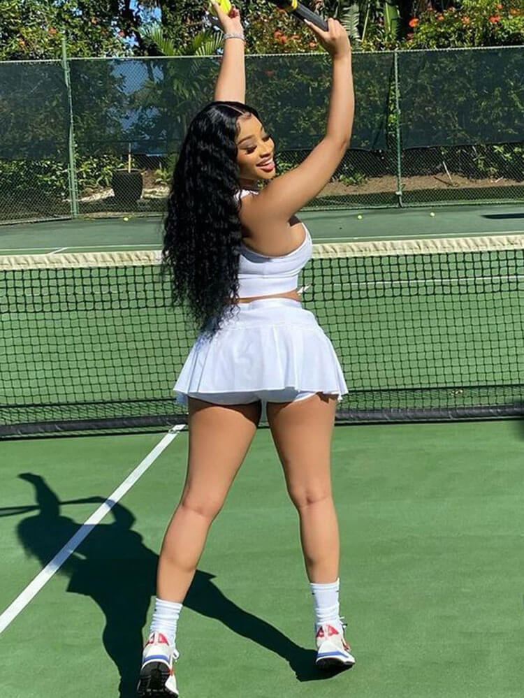 Two Piece Sleeveless Tank Crop Top Pleated Mini Skirt