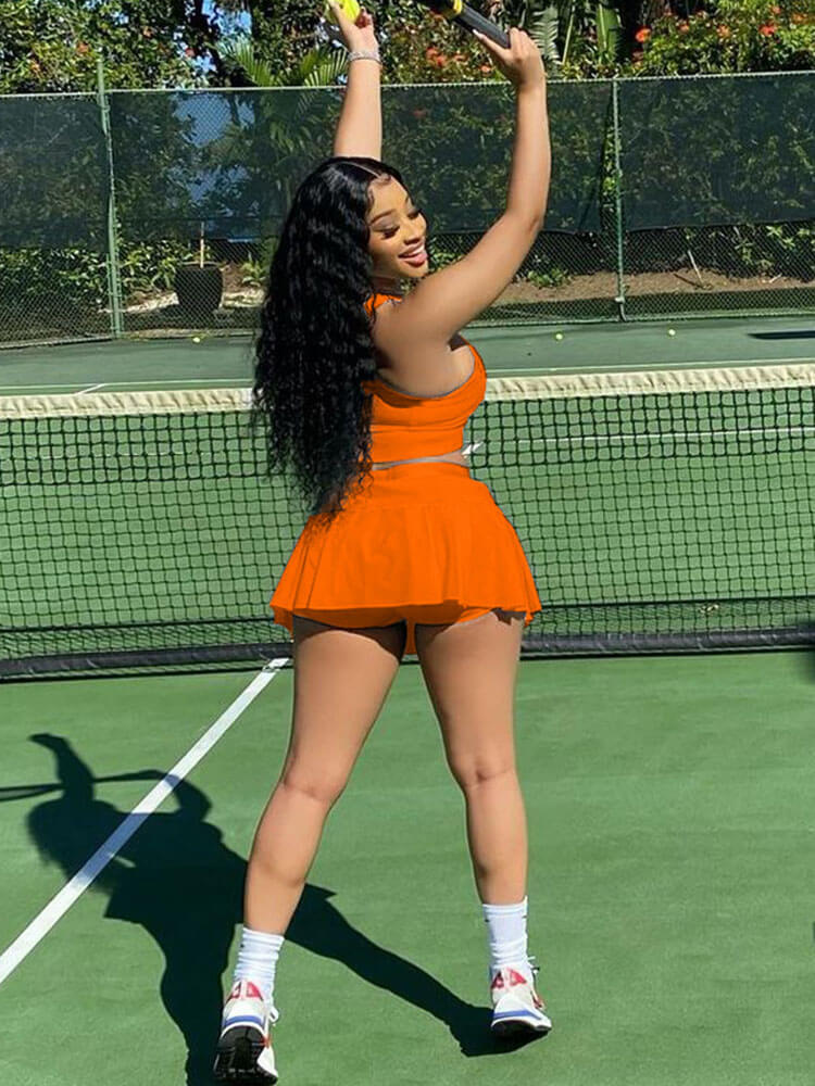 Two Piece Sleeveless Tank Crop Top Pleated Mini Skirt