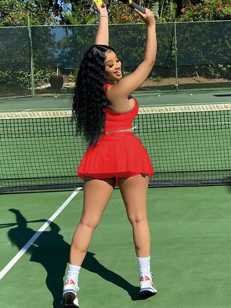 Two Piece Sleeveless Tank Crop Top Pleated Mini Skirt