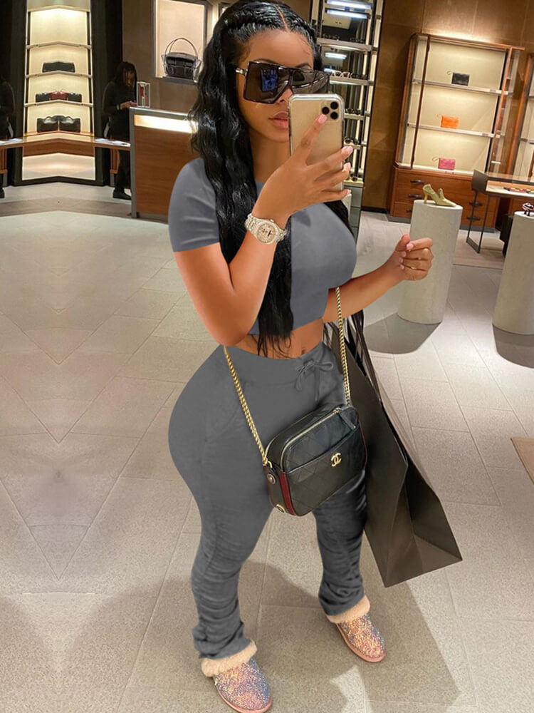 Two Piece Solid Color Short Sleeve Top Long Pants