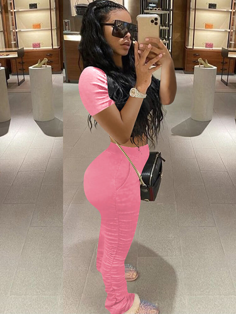 Two Piece Solid Color Short Sleeve Top Long Pants