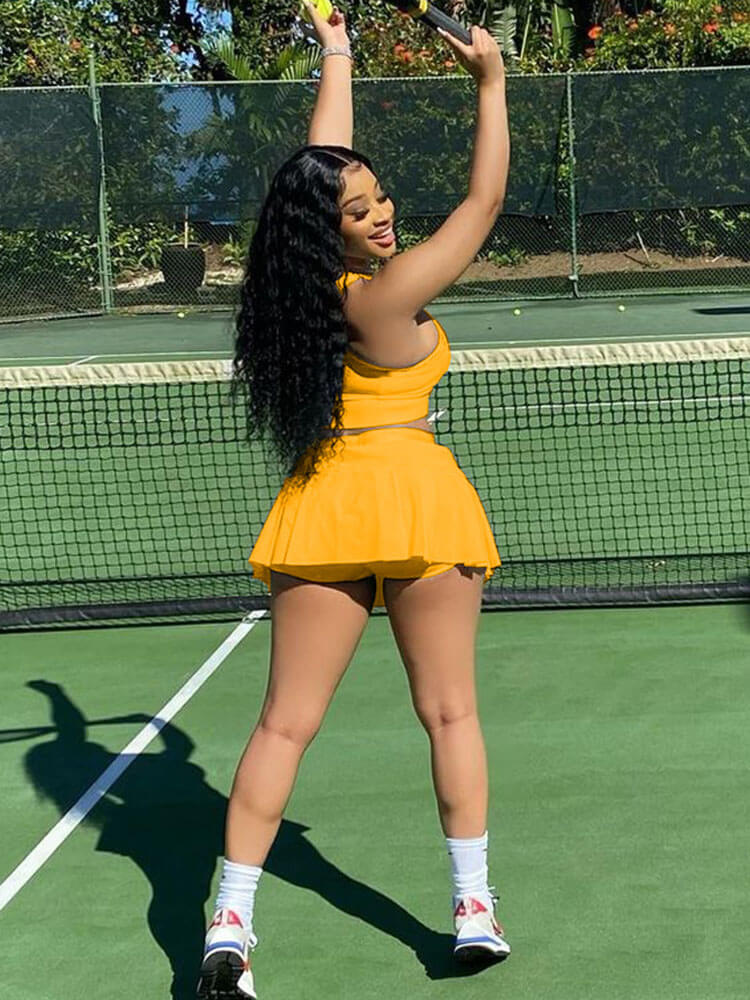 Two Piece Sleeveless Tank Crop Top Pleated Mini Skirt