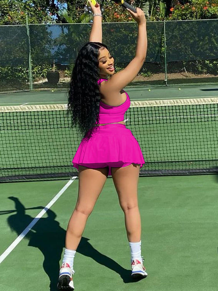 Two Piece Sleeveless Tank Crop Top Pleated Mini Skirt