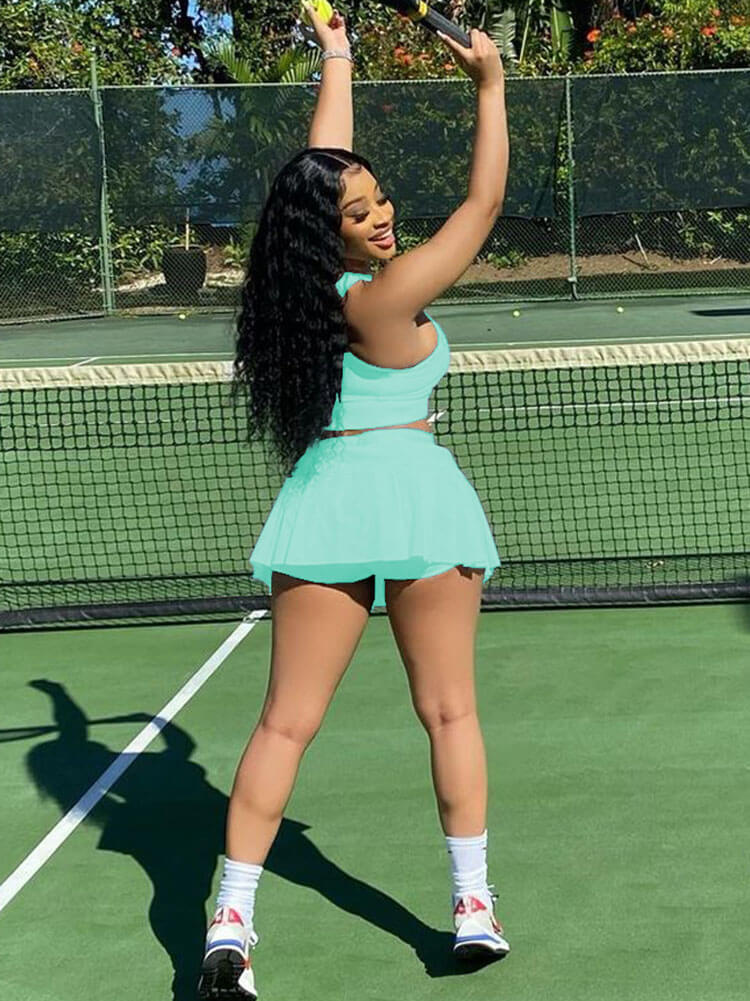 Two Piece Sleeveless Tank Crop Top Pleated Mini Skirt