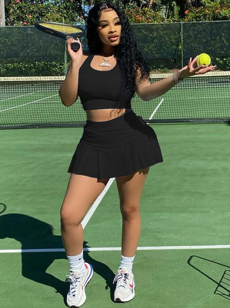 Two Piece Sleeveless Tank Crop Top Pleated Mini Skirt