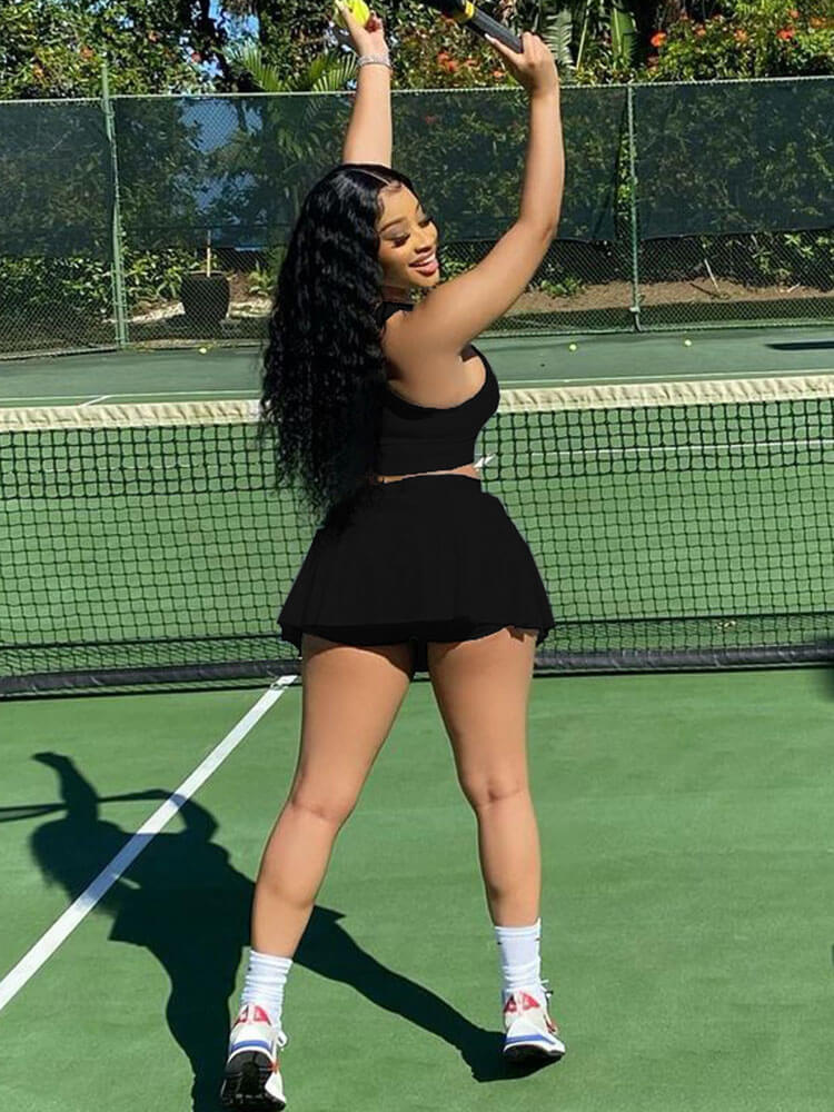 Two Piece Sleeveless Tank Crop Top Pleated Mini Skirt