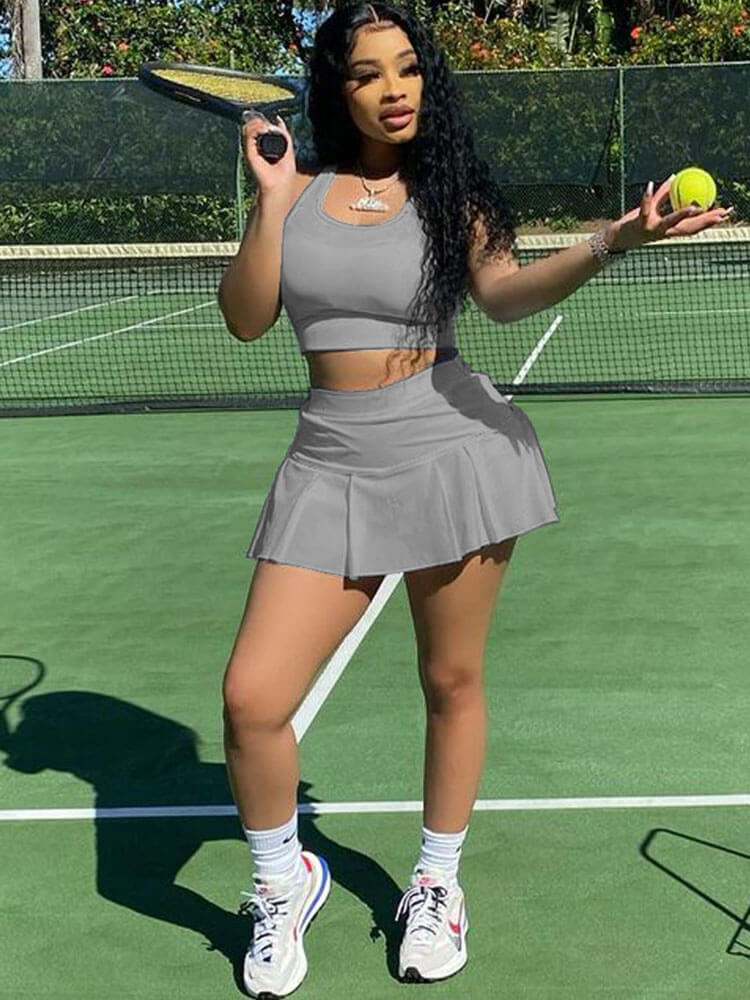 Two Piece Sleeveless Tank Crop Top Pleated Mini Skirt