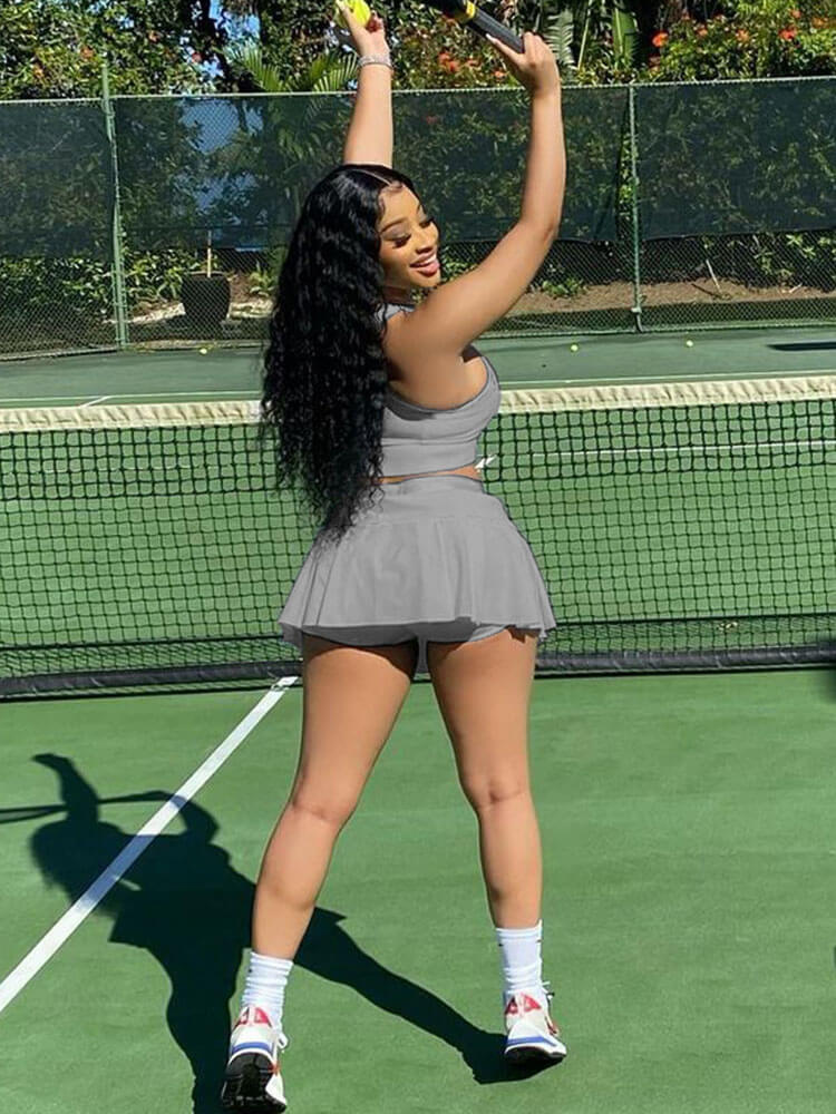 Two Piece Sleeveless Tank Crop Top Pleated Mini Skirt