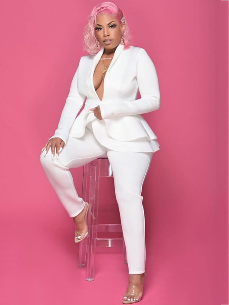 Two Piece Ruffled Blazer Pants Suit