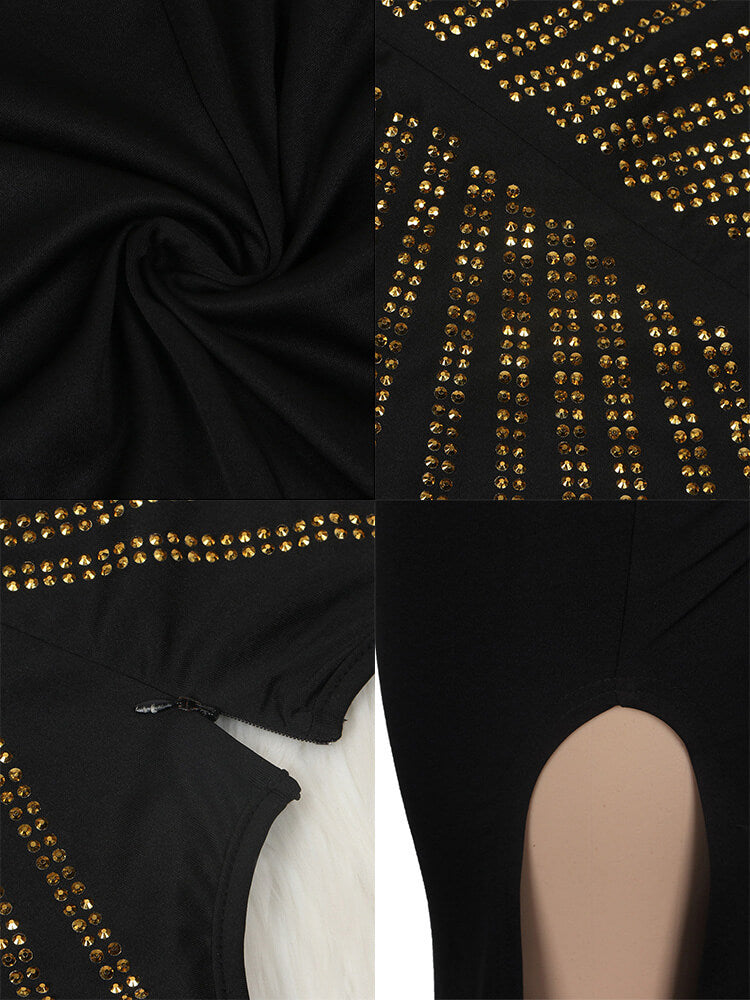 Long Sleeve Hot Drilling Sequins High Split Maxi Dress