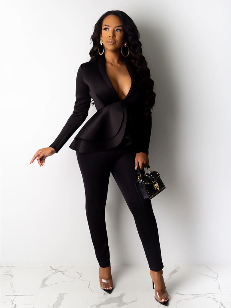 Two Piece Ruffled Blazer Pants Suit